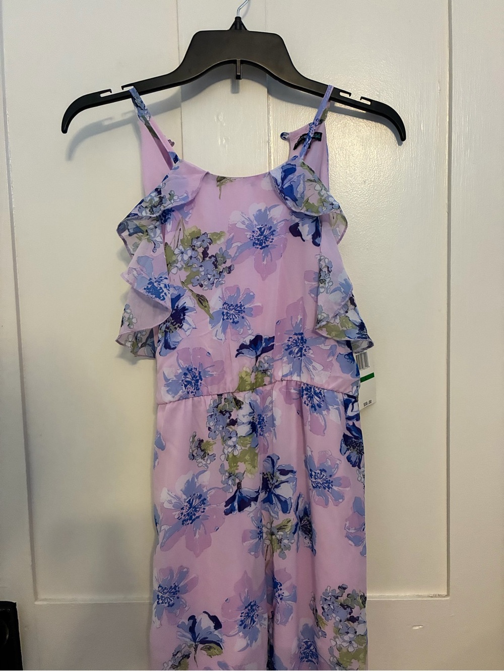 My Michelle Lilac Floral Ruffle Romper with Blue Accents